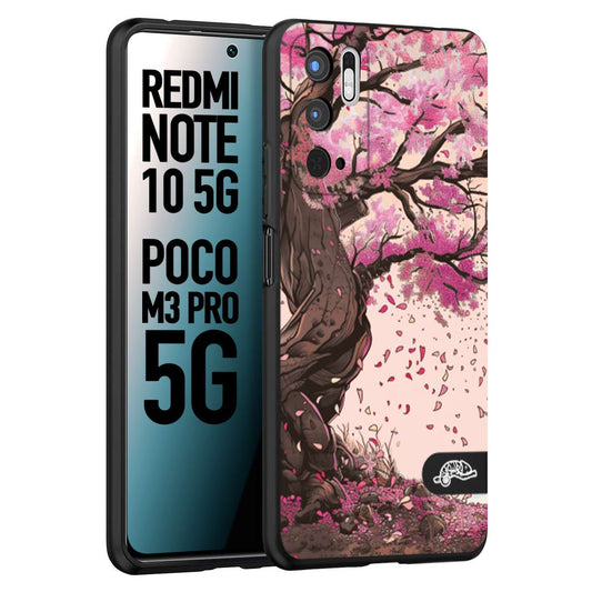 CUSTOMIZZA - Custodia cover nera morbida in tpu compatibile per Xiaomi Redmi Note 10 5G - Poco M3 Pro 5G giapponese colori morbidi fiori di ciliegio rosa disegnata