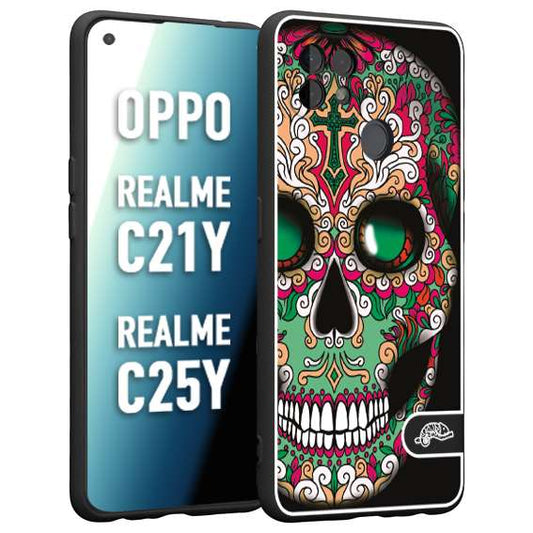 CUSTOMIZZA - Custodia cover nera morbida in tpu compatibile per Oppo Realme C21Y - C25Y teschio messicano Mexican skull verde fucsia