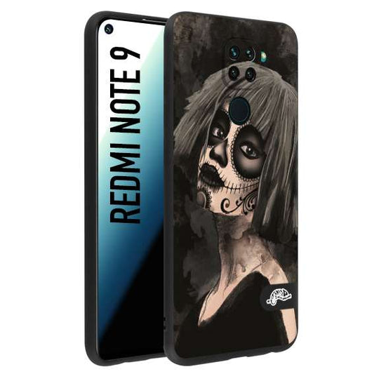 CUSTOMIZZA - Custodia cover nera morbida in tpu compatibile per Xiaomi Redmi Note 9 chicana messicana dea de la muerte donna santa tattoo disegnata