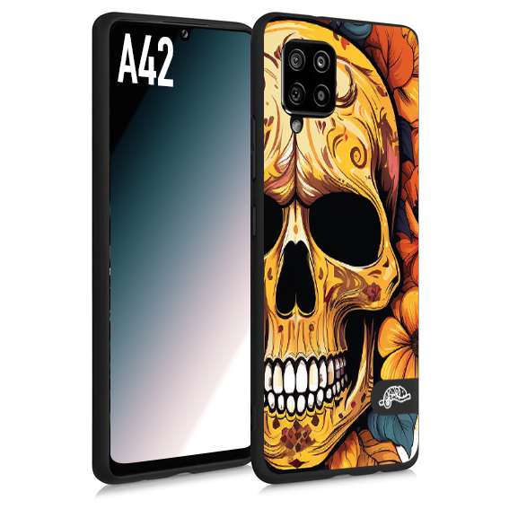 CUSTOMIZZA - Custodia cover nera morbida in tpu compatibile per Samsung A42 teschio messicano colorato dorato fiori autunnali disegnato