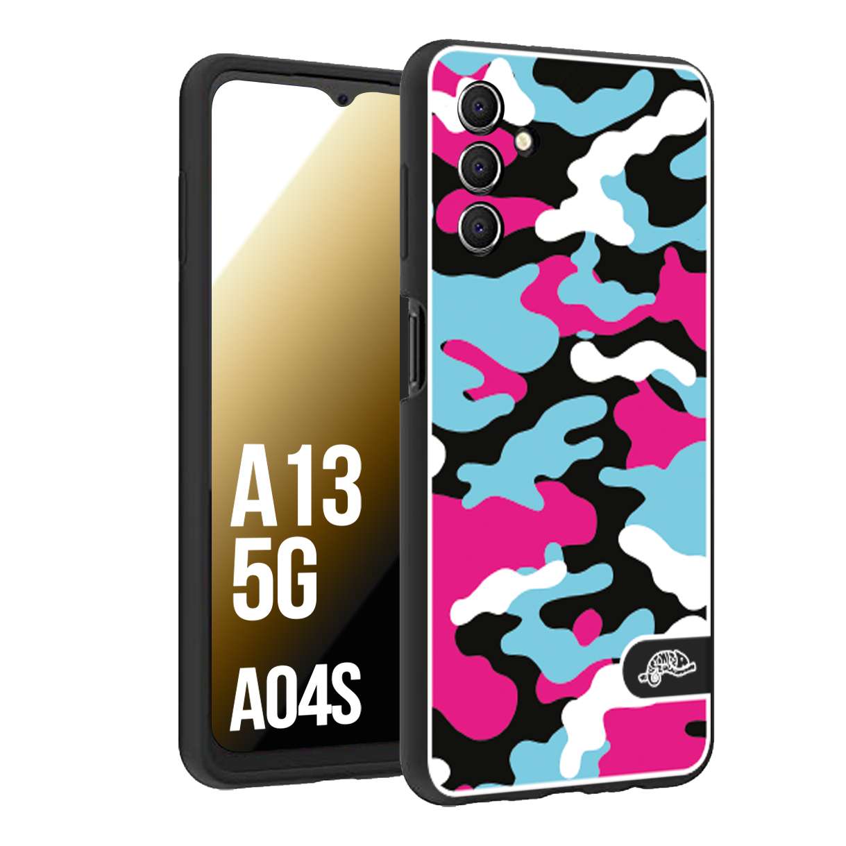 CUSTOMIZZA - Custodia cover nera morbida in tpu compatibile per Samsung A04S - A13 5G camouflage mimetico militare fucsia celeste