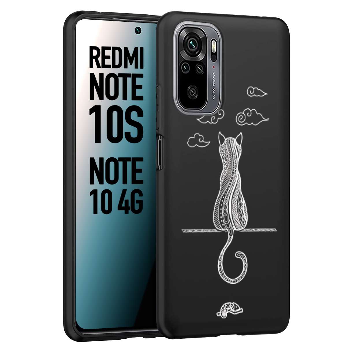 CUSTOMIZZA - Custodia cover nera morbida in tpu compatibile per Xiaomi Redmi Note 10S gatto mandala stilizzato gattino a rilievo soft touch donna bianca