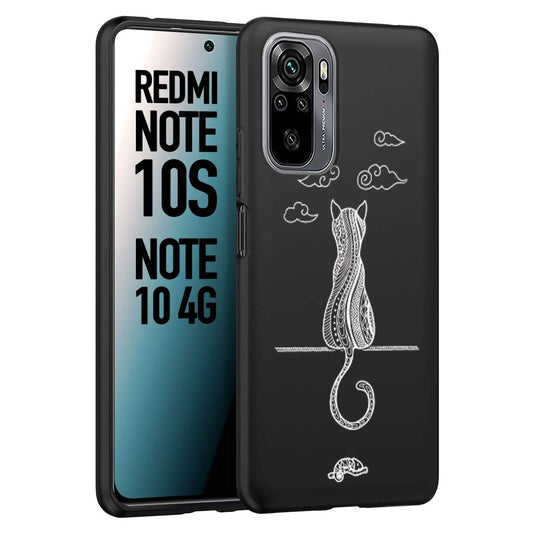 CUSTOMIZZA - Custodia cover nera morbida in tpu compatibile per Xiaomi Redmi Note 10S gatto mandala stilizzato gattino a rilievo soft touch donna bianca