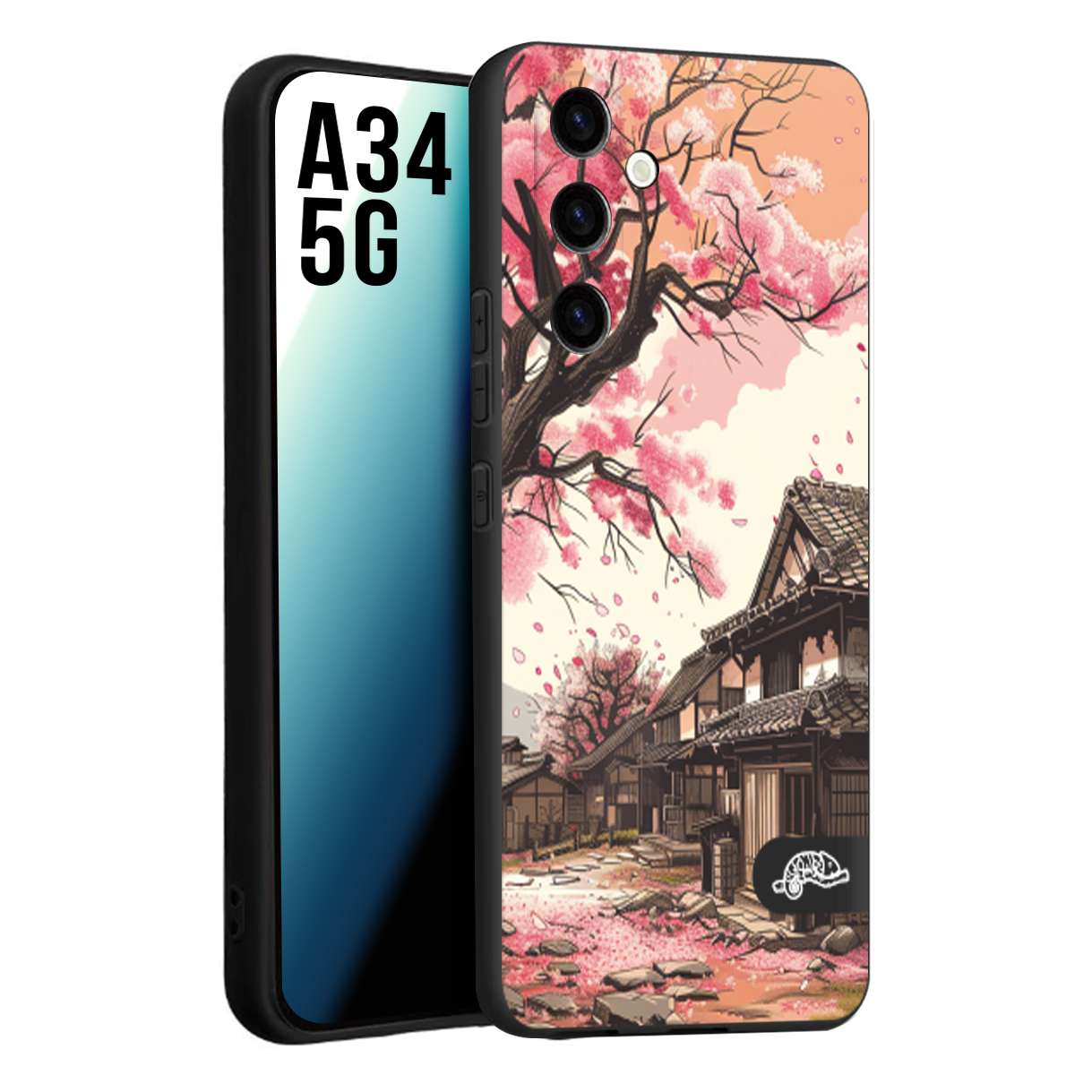 CUSTOMIZZA - Custodia cover nera morbida in tpu compatibile per Samsung A34 5G casa giapponese rosa ciliegio in fiore disegnata tattoo