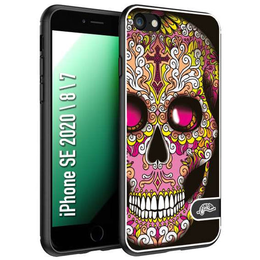 CUSTOMIZZA - Custodia cover nera morbida in tpu compatibile per iPhone 7 - 8 - SE 2020 / 2022 teschio messicano Mexican skull rosa gialla