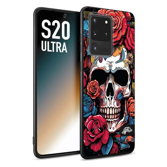 CUSTOMIZZA - Custodia cover nera morbida in tpu compatibile per Samsung S20 ULTRA teschio skull flowers fiori rose rosse tattoo disegnato