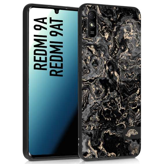 CUSTOMIZZA - Custodia cover nera morbida in tpu compatibile per Xiaomi Redmi 9A - 9AT effetto marmo marble nero black venature dorato pietra