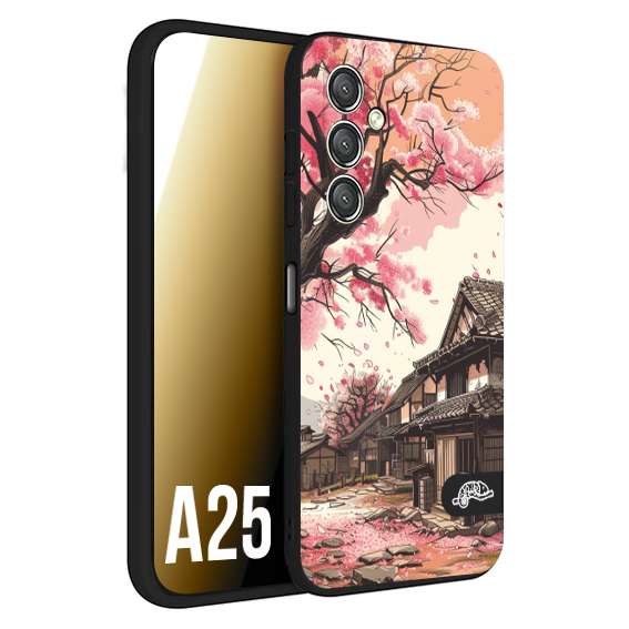 CUSTOMIZZA - Custodia cover nera morbida in tpu compatibile per Samsung A25 casa giapponese rosa ciliegio in fiore disegnata tattoo