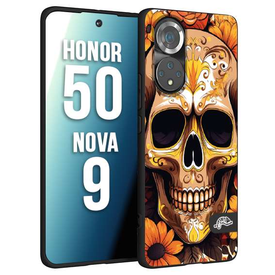 CUSTOMIZZA - Custodia cover nera morbida in tpu compatibile per Huawei Nova 9 - Honor 50 teschio messicano colorato dorato fiori tattoo disegnato