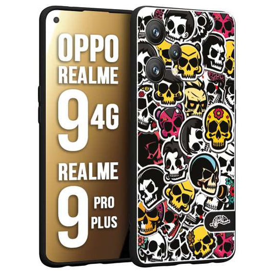 CUSTOMIZZA - Custodia cover nera morbida in tpu compatibile per Oppo Realme 9 4G - 9 PRO PLUS sticker bomb teschi colorati adesivi skulls skater snowboard