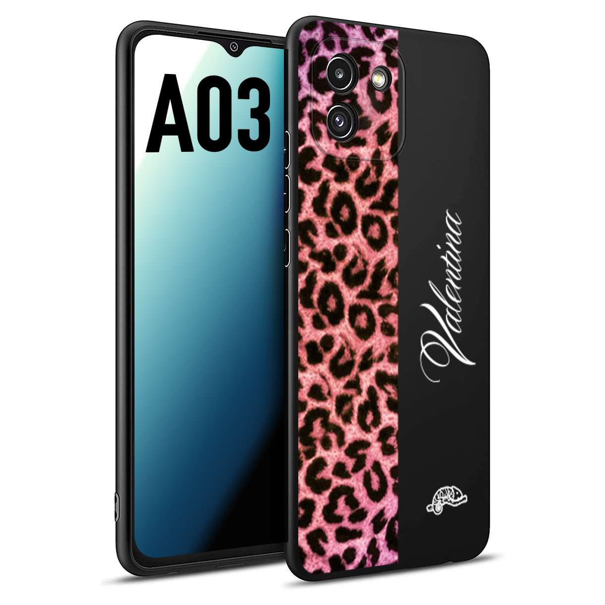 CUSTOMIZZA - Custodia cover nera morbida in tpu compatibile per Samsung A03 leopardato rosa fucsia personalizzata nome iniziali