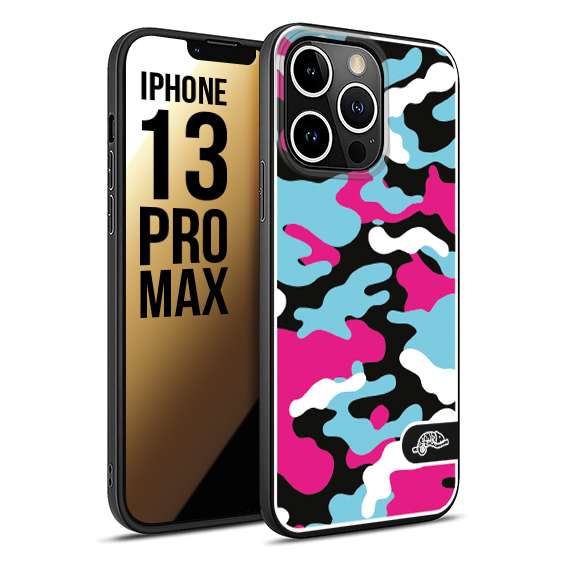 CUSTOMIZZA - Custodia cover nera morbida in tpu compatibile per iPhone 13 PRO MAX camouflage mimetico militare fucsia celeste