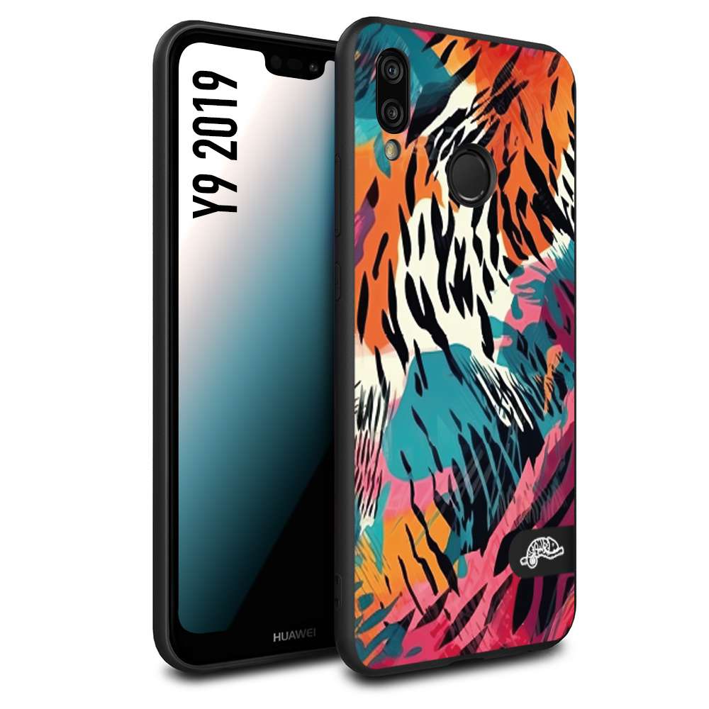 CUSTOMIZZA - Custodia cover nera morbida in tpu compatibile per Huawei Y9 2019 leopardato maculato tigrato tiger colorata summer color