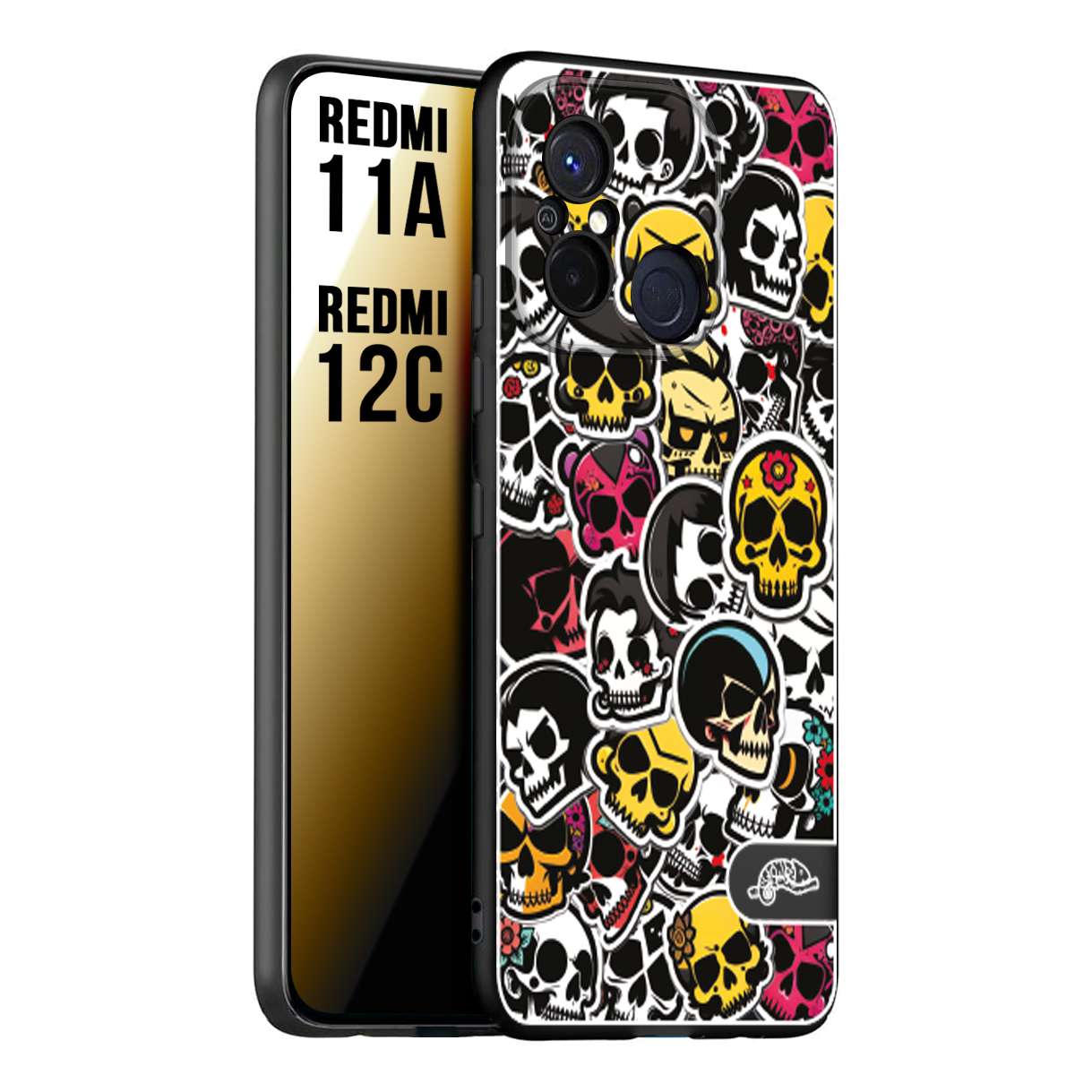 CUSTOMIZZA - Custodia cover nera morbida in tpu compatibile per Xiaomi Redmi 11A - 12C sticker bomb teschi colorati adesivi skulls skater snowboard