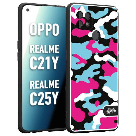 CUSTOMIZZA - Custodia cover nera morbida in tpu compatibile per Oppo Realme C21Y - C25Y camouflage mimetico militare fucsia celeste