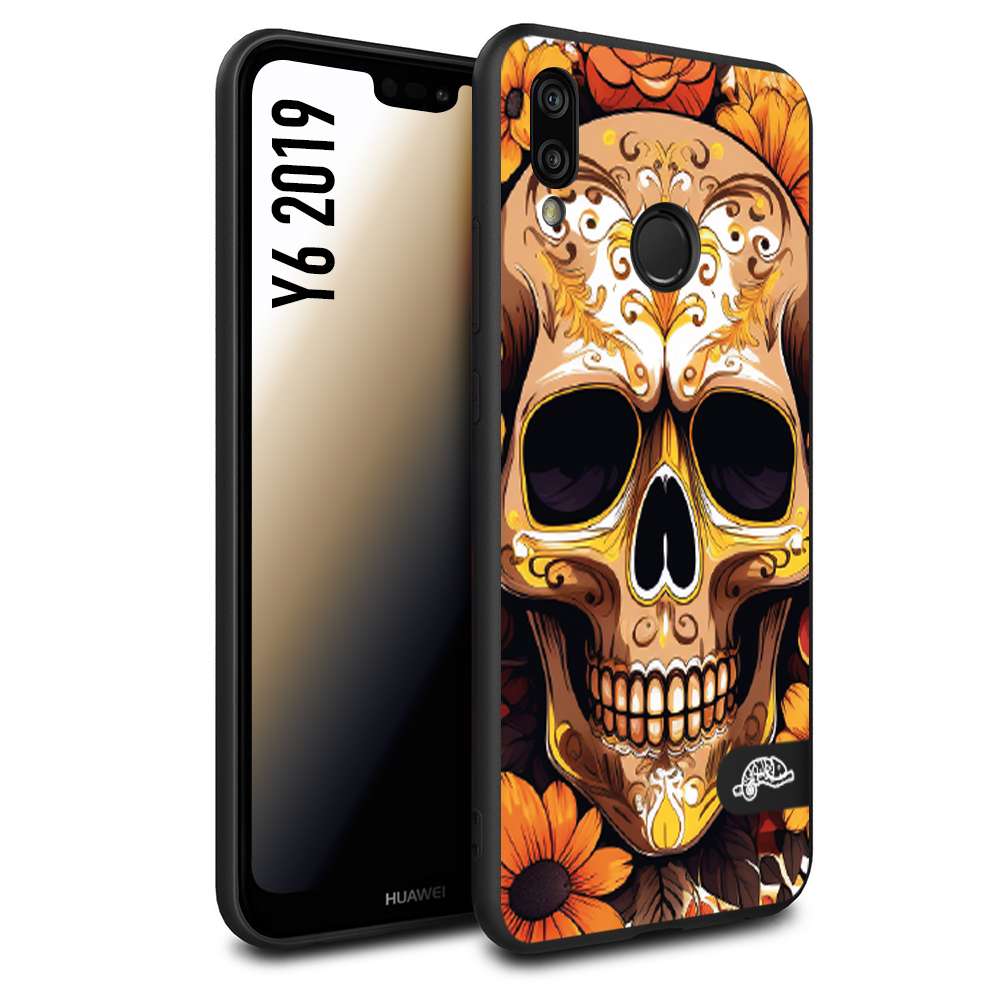 CUSTOMIZZA - Custodia cover nera morbida in tpu compatibile per Huawei Y6 2019 teschio messicano colorato dorato fiori tattoo disegnato