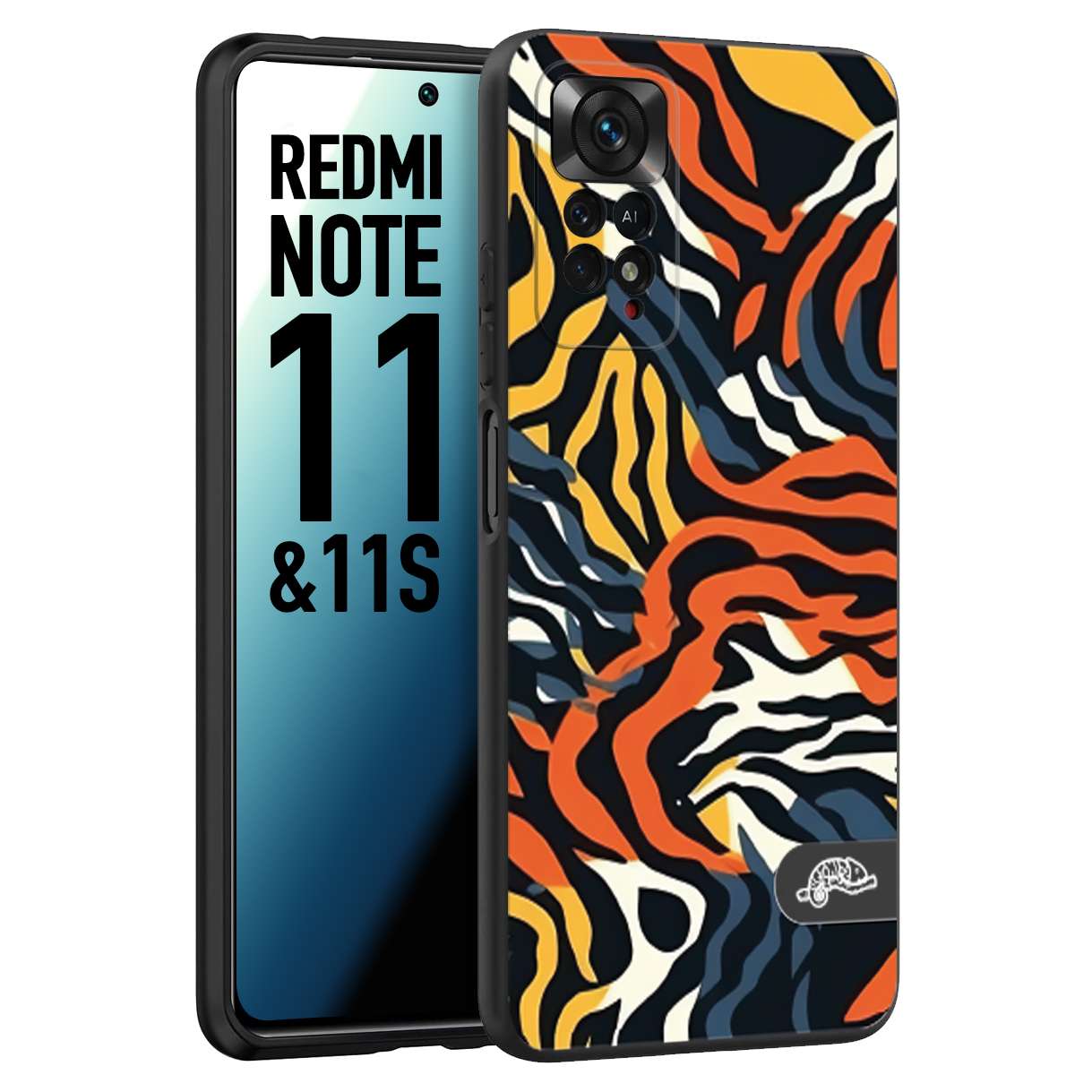 CUSTOMIZZA - Custodia cover nera morbida in tpu compatibile per Xiaomi Redmi Note 11 -  Note 11S leopardato maculato tigrato tiger colorata gialla blu arancio