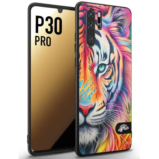 CUSTOMIZZA - Custodia cover nera morbida in tpu compatibile per Huawei P30 PRO animali color tigre tiger viso colori vibranti disegnato schizzo