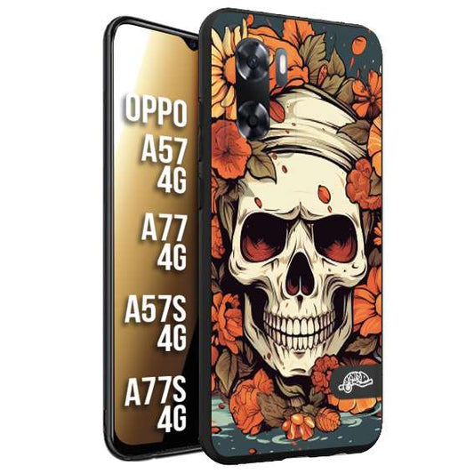 CUSTOMIZZA - Custodia cover nera morbida in tpu compatibile per Oppo A57 - A77 - A57S - A77S (4G) teschio skull flowers fiori tattoo disegnato alta definizione