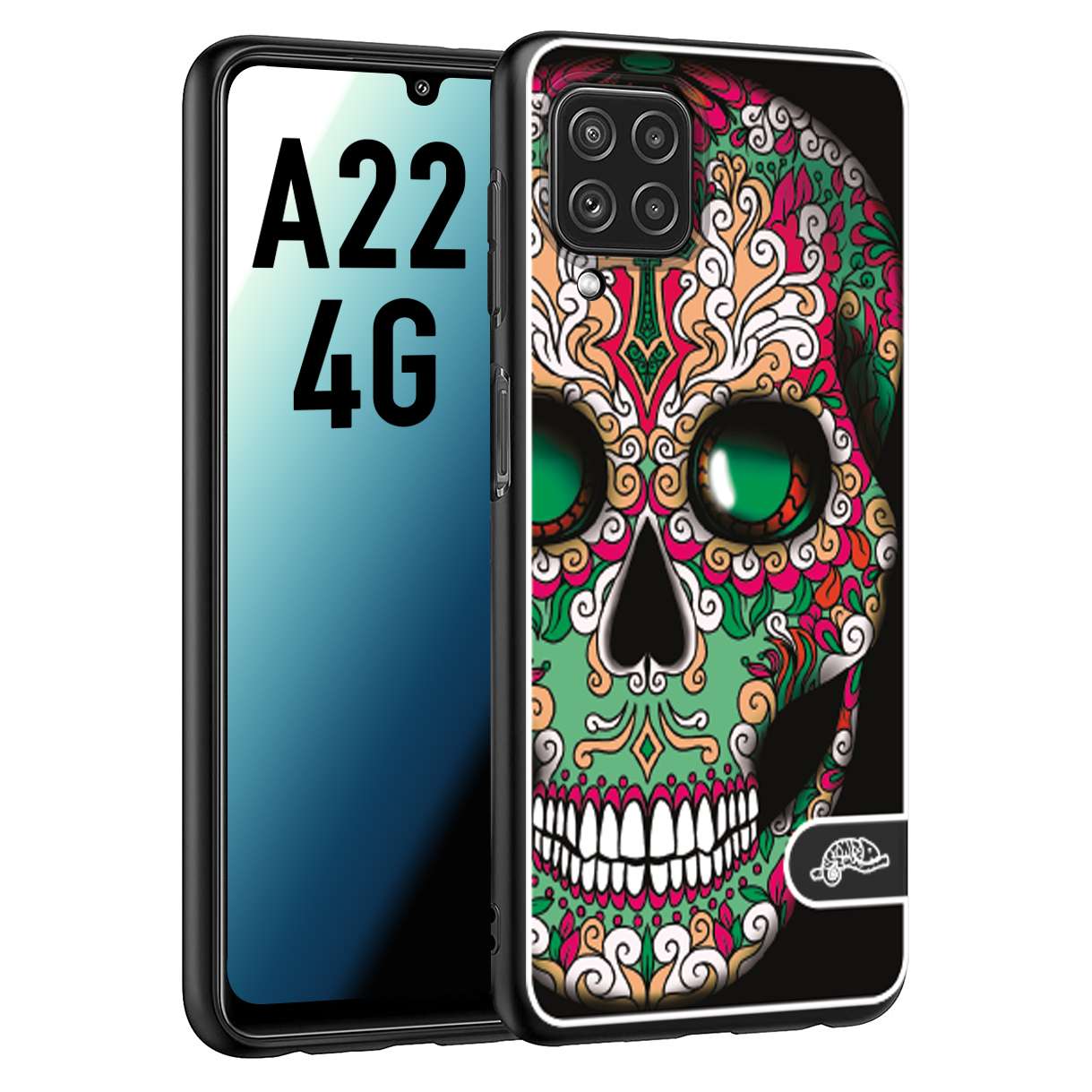 CUSTOMIZZA - Custodia cover nera morbida in tpu compatibile per Samsung A22 4G teschio messicano Mexican skull verde fucsia