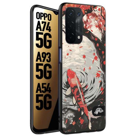 CUSTOMIZZA - Custodia cover nera morbida in tpu compatibile per Oppo A74 5G - A93 5G - A54 5G giapponese lago carpa koi rossa con foglie d'acero rosso disegnata tattoo