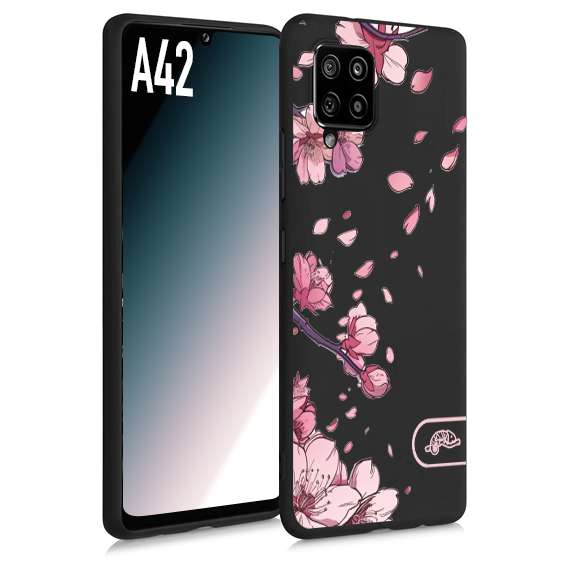 CUSTOMIZZA - Custodia cover nera morbida in tpu compatibile per Samsung A42 giapponese fiori di ciliegio in fiore a rilievo disegnata tattoo