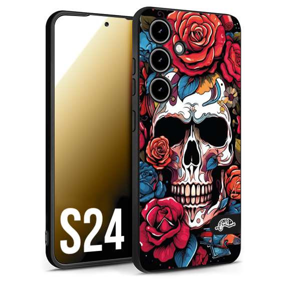 CUSTOMIZZA - Custodia cover nera morbida in tpu compatibile per Samsung S24 teschio skull flowers fiori rose rosse tattoo disegnato