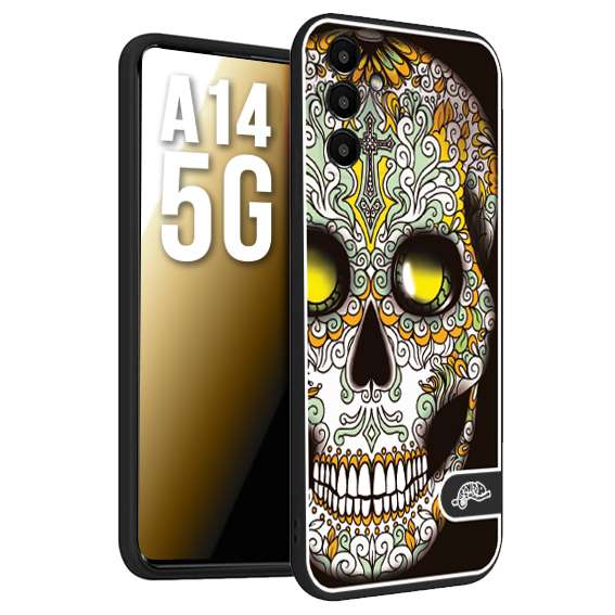 CUSTOMIZZA - Custodia cover nera morbida in tpu compatibile per Samsung A14 5G teschio messicano Mexican skull bianco verde giallo