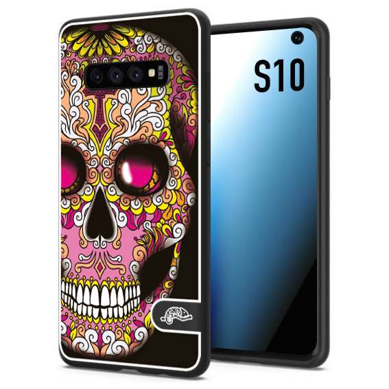 CUSTOMIZZA - Custodia cover nera morbida in tpu compatibile per Samsung S10 teschio messicano Mexican skull rosa gialla