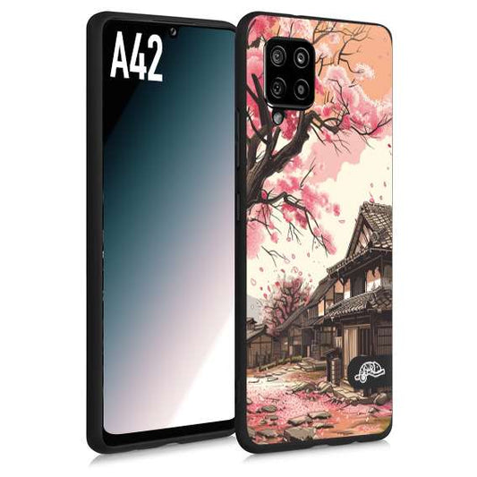 CUSTOMIZZA - Custodia cover nera morbida in tpu compatibile per Samsung A42 casa giapponese rosa ciliegio in fiore disegnata tattoo