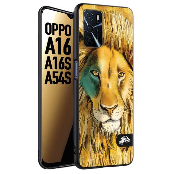 CUSTOMIZZA - Custodia cover nera morbida in tpu compatibile per Oppo A16 - A16S - A54S leone lion disegnato a mano giallo blu a rilievo artistico brown