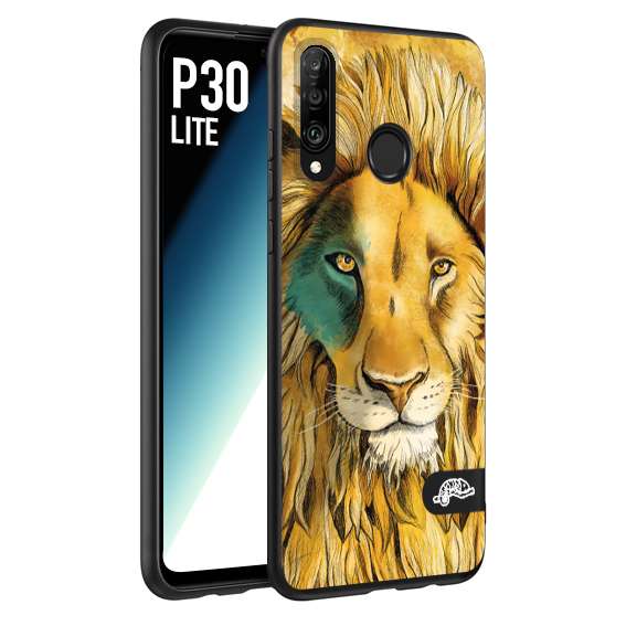 CUSTOMIZZA - Custodia cover nera morbida in tpu compatibile per Huawei P30 LITE leone lion disegnato a mano giallo blu a rilievo artistico brown