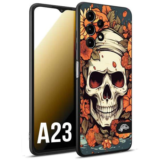 CUSTOMIZZA - Custodia cover nera morbida in tpu compatibile per Samsung A23 teschio skull flowers fiori tattoo disegnato alta definizione