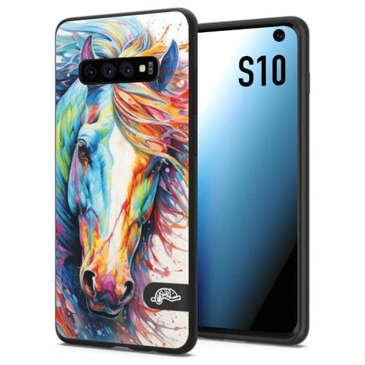 CUSTOMIZZA - Custodia cover nera morbida in tpu compatibile per Samsung S10 animali color cavallo horse viso colori vibranti disegnato schizzo