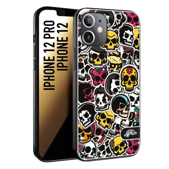 CUSTOMIZZA - Custodia cover nera morbida in tpu compatibile per iPhone 12 - 12 PRO sticker bomb teschi colorati adesivi skulls skater snowboard