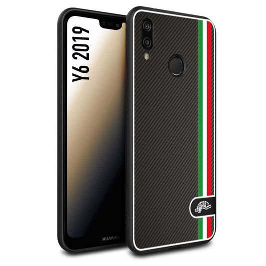 CUSTOMIZZA - Custodia cover nera morbida in tpu compatibile per Huawei Y6 2019 effetto fibra di carbonio bandiera Italia made in Italy