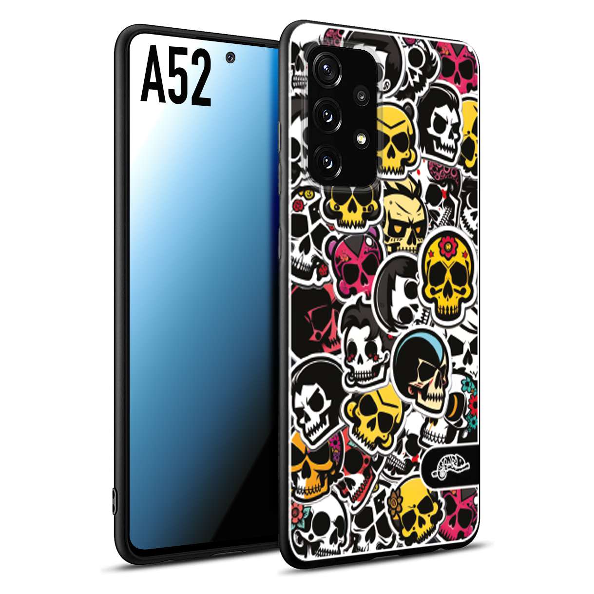 CUSTOMIZZA - Custodia cover nera morbida in tpu compatibile per Samsung A52 sticker bomb teschi colorati adesivi skulls skater snowboard