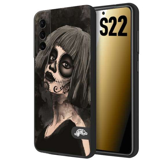 CUSTOMIZZA - Custodia cover nera morbida in tpu compatibile per Samsung S22 chicana messicana dea de la muerte donna santa tattoo disegnata