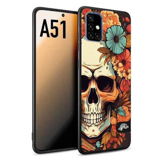 CUSTOMIZZA - Custodia cover nera morbida in tpu compatibile per Samsung A51 teschio skull flowers fiori autunnali arancio celeste tattoo