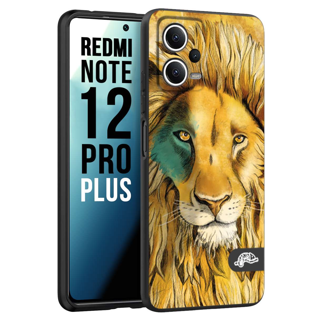 CUSTOMIZZA - Custodia cover nera morbida in tpu compatibile per Xiaomi Redmi Note 12 PRO PLUS leone lion disegnato a mano giallo blu a rilievo artistico brown