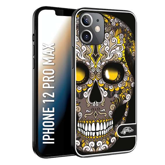 CUSTOMIZZA - Custodia cover nera morbida in tpu compatibile per iPhone 12 PRO MAX teschio messicano Mexican skull nero giallo