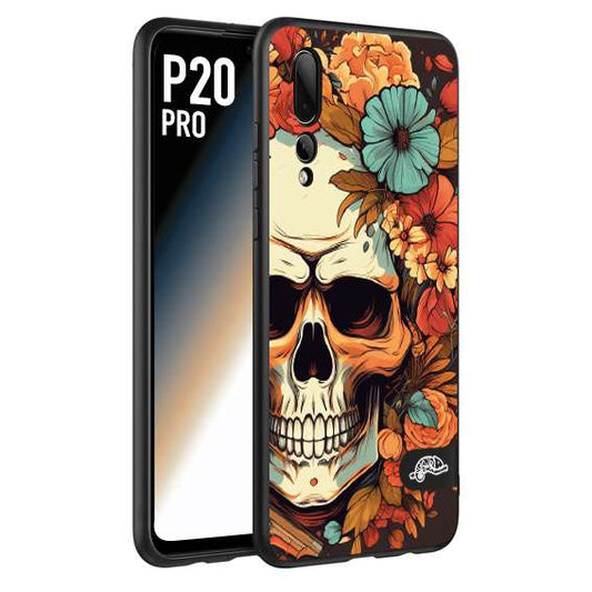 CUSTOMIZZA - Custodia cover nera morbida in tpu compatibile per Huawei P20 PRO teschio skull flowers fiori autunnali arancio celeste tattoo