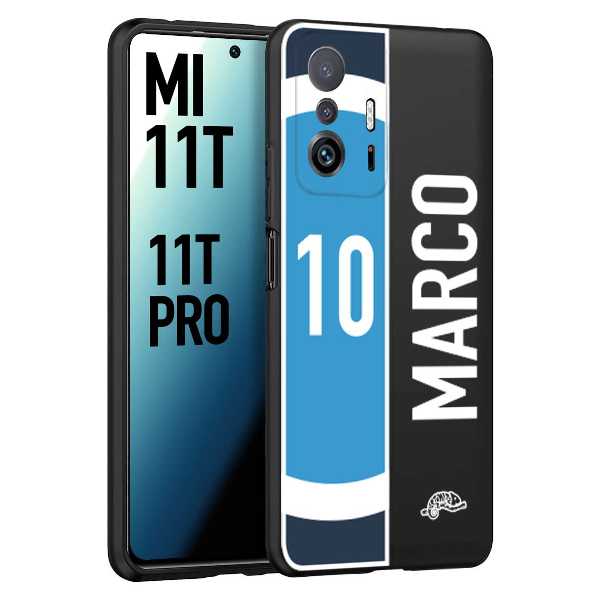 CUSTOMIZZA - Custodia cover nera morbida in tpu compatibile per Xiaomi Mi 11T - Mi 11T PRO personalizzata calcio football nome e numero calciatori biancoazzurri bianco celesti