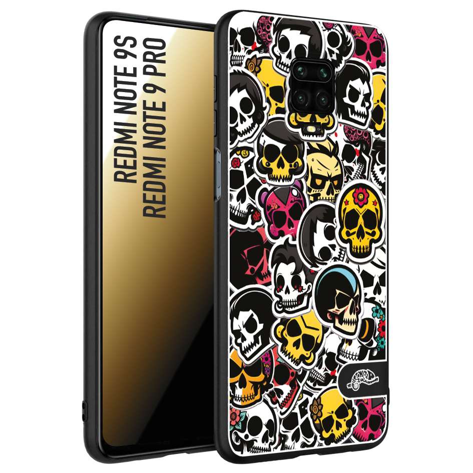 CUSTOMIZZA - Custodia cover nera morbida in tpu compatibile per Xiaomi Redmi Note 9S - Note 9 PRO sticker bomb teschi colorati adesivi skulls skater snowboard