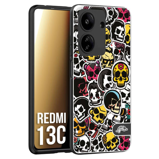 CUSTOMIZZA - Custodia cover nera morbida in tpu compatibile per Xiaomi Redmi 13C sticker bomb teschi colorati adesivi skulls skater snowboard