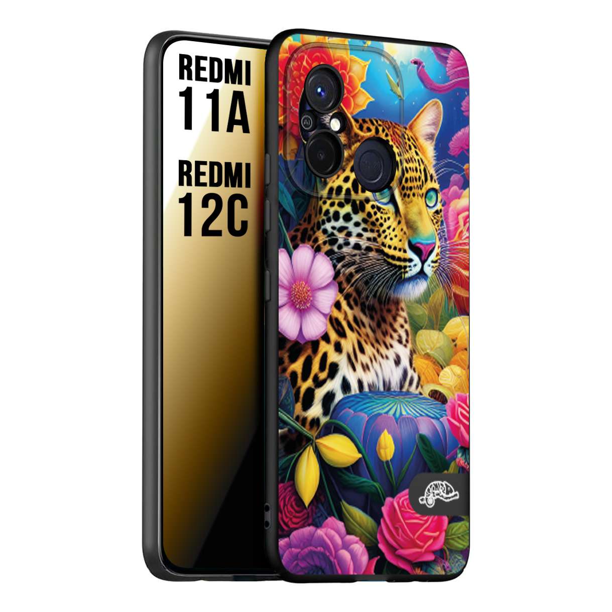 CUSTOMIZZA - Custodia cover nera morbida in tpu compatibile per Xiaomi Redmi 11A - 12C fiori astratti donna flower fantasia leopardo ghepardo animali colorati