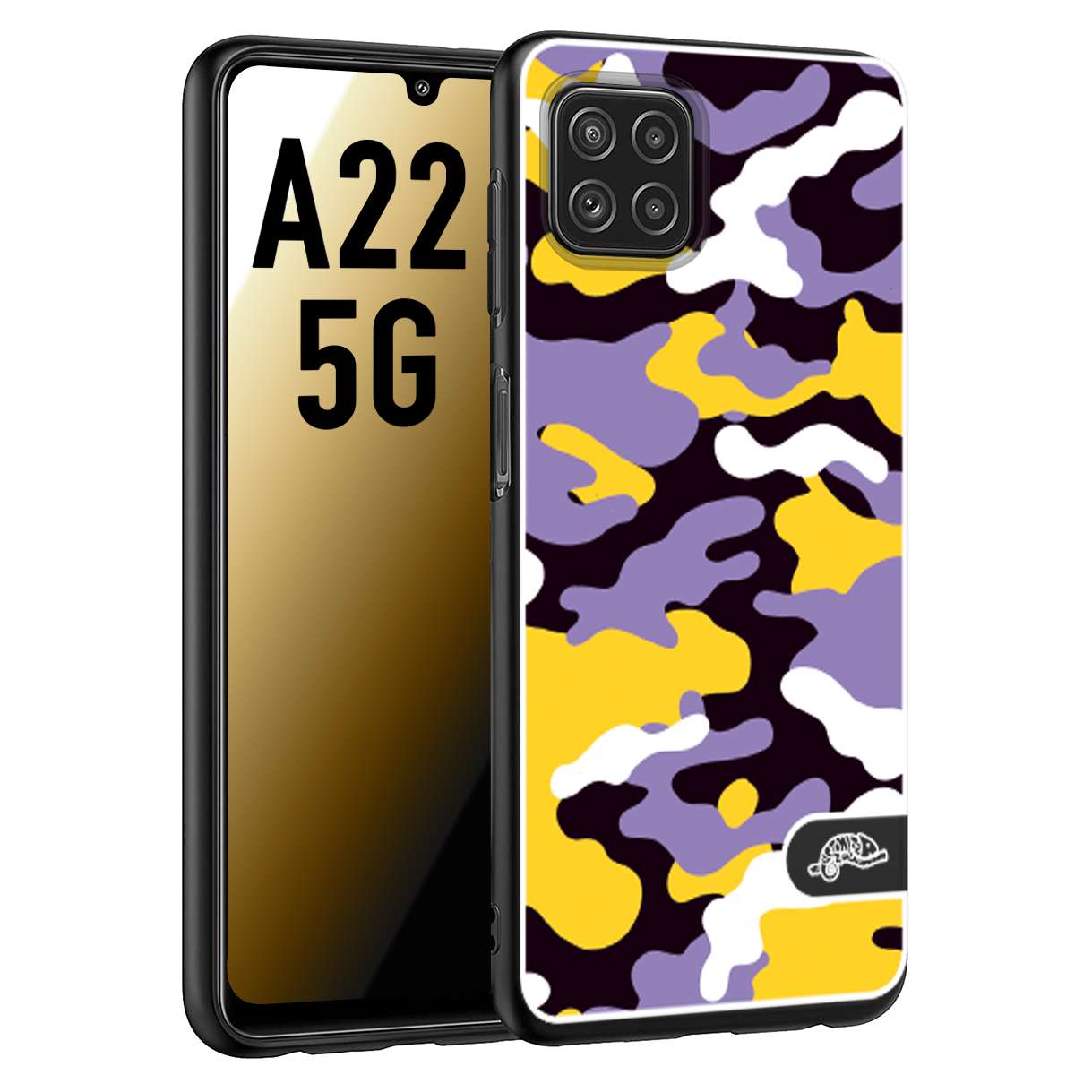 CUSTOMIZZA - Custodia cover nera morbida in tpu compatibile per Samsung A22 5G camouflage mimetico militare viola lilla giallo