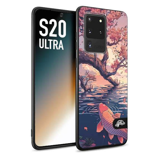 CUSTOMIZZA - Custodia cover nera morbida in tpu compatibile per Samsung S20 ULTRA giapponese lago carpa koi rosa con foglie d'acero disegnata tattoo