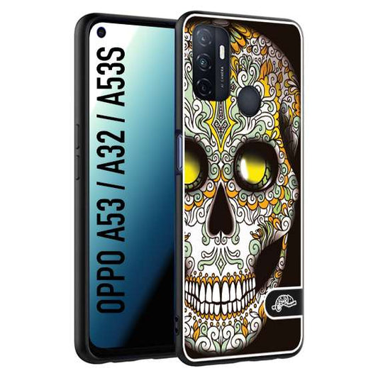 CUSTOMIZZA - Custodia cover nera morbida in tpu compatibile per Oppo A53 - A32 - A53S teschio messicano Mexican skull bianco verde giallo