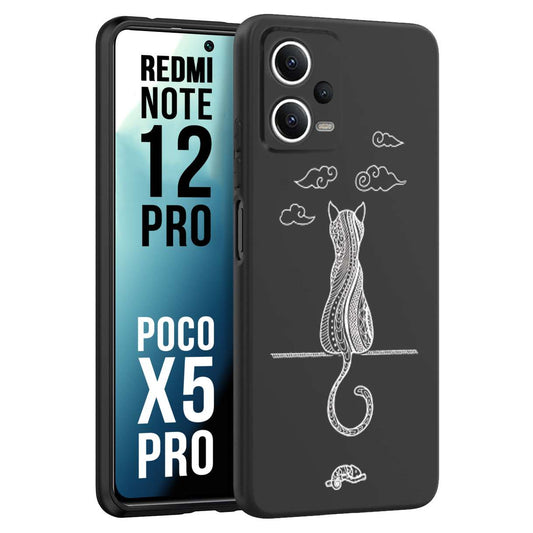 CUSTOMIZZA - Custodia cover nera morbida in tpu compatibile per Xiaomi Redmi Note 12 PRO - POCO X5 PRO gatto mandala stilizzato gattino a rilievo soft touch donna bianca